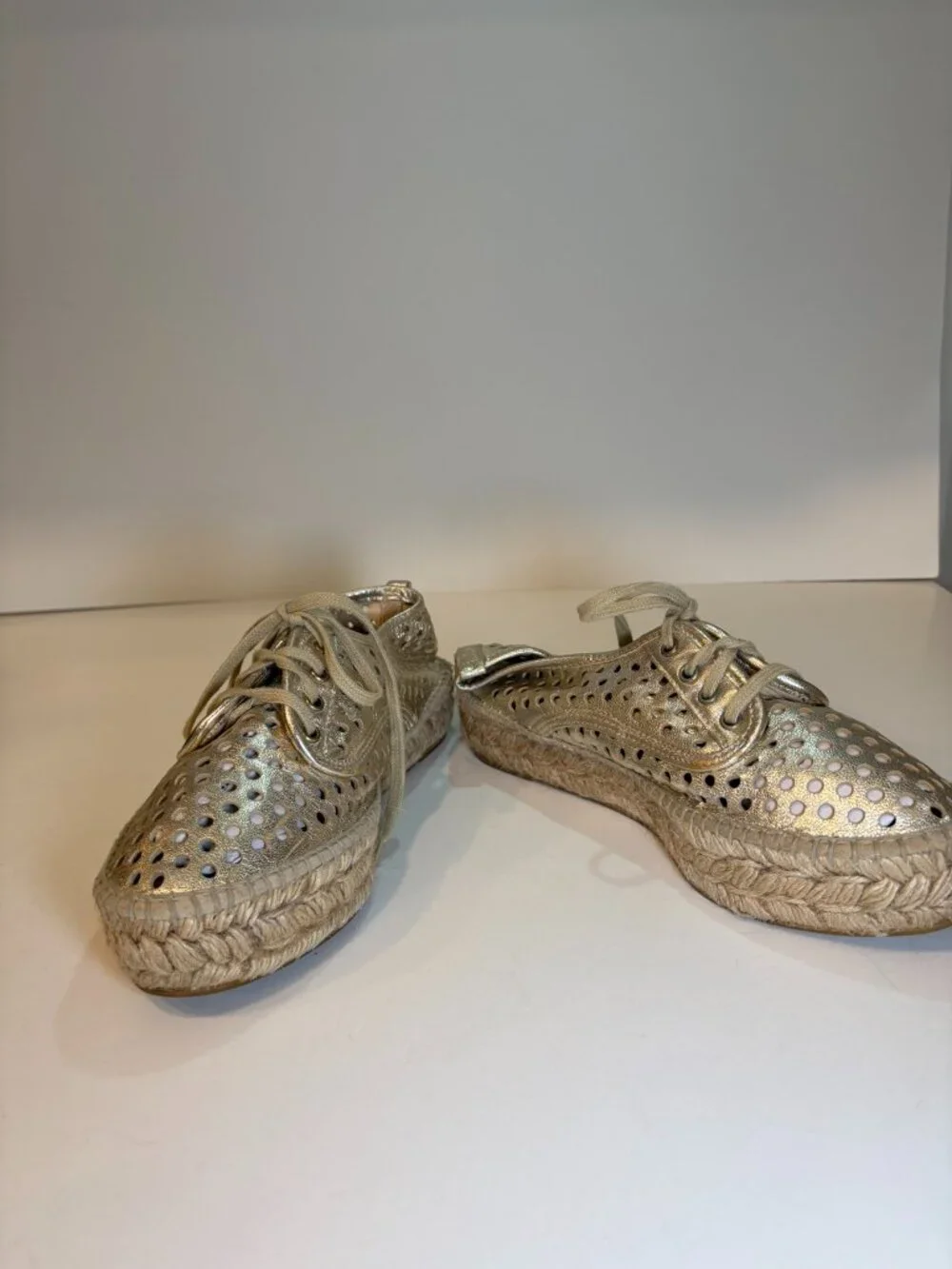 Loeffler Randall Rowan Metallic Gold Perforated Leather Espadrille Flats 36 6